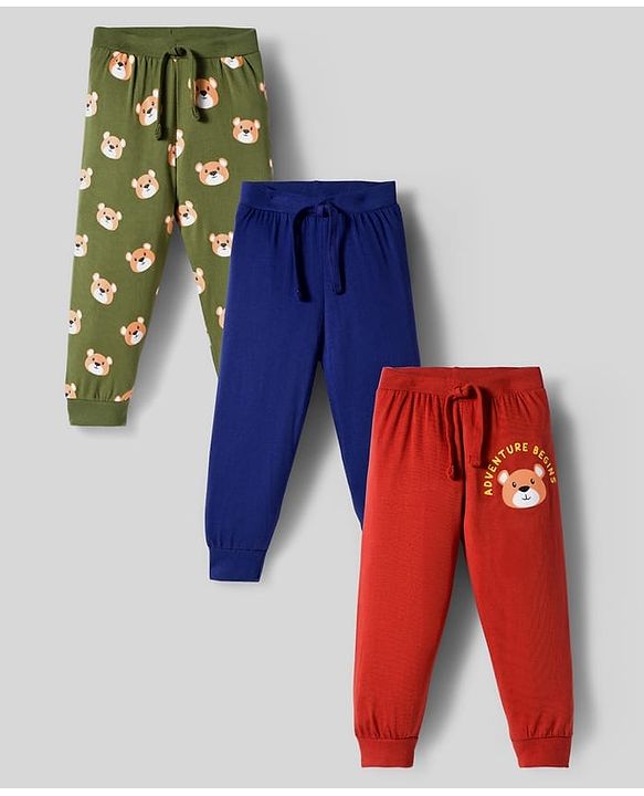 Babyhug Cotton Knit Full Length Lounge Pants with Teddy Bear Print Pack of 3 - Red Blue & Olive Green