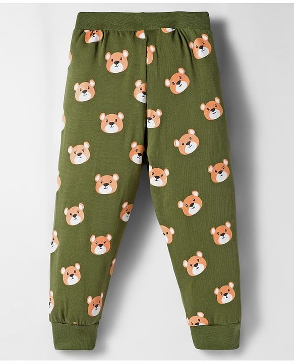 Babyhug Cotton Knit Full Length Lounge Pants with Teddy Bear Print Pack of 3 - Red Blue & Olive Green