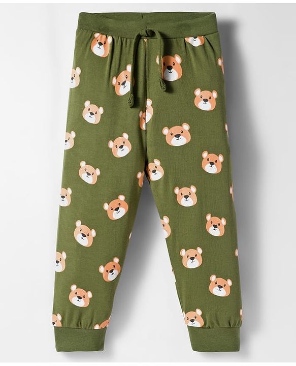 Babyhug Cotton Knit Full Length Lounge Pants with Teddy Bear Print Pack of 3 - Red Blue & Olive Green