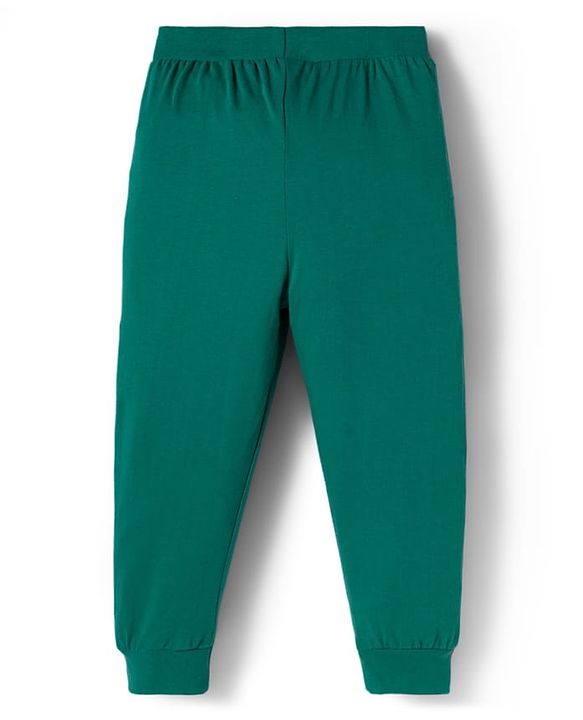 Babyhug Cotton Knit Full Length Lounge Pants with Sport Theme Tape Detailing & Athletic Text Print Pack of 3 - Navy Blue Orange & Dark Green