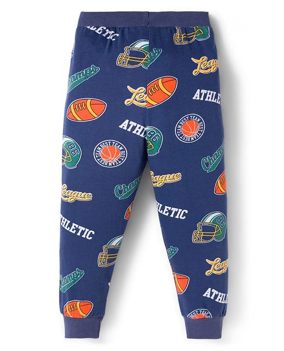 Babyhug Cotton Knit Full Length Lounge Pants with Sport Theme Tape Detailing & Athletic Text Print Pack of 3 - Navy Blue Orange & Dark Green