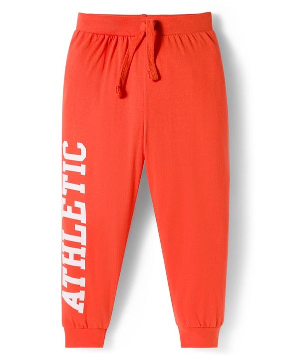 Babyhug Cotton Knit Full Length Lounge Pants with Sport Theme Tape Detailing & Athletic Text Print Pack of 3 - Navy Blue Orange & Dark Green