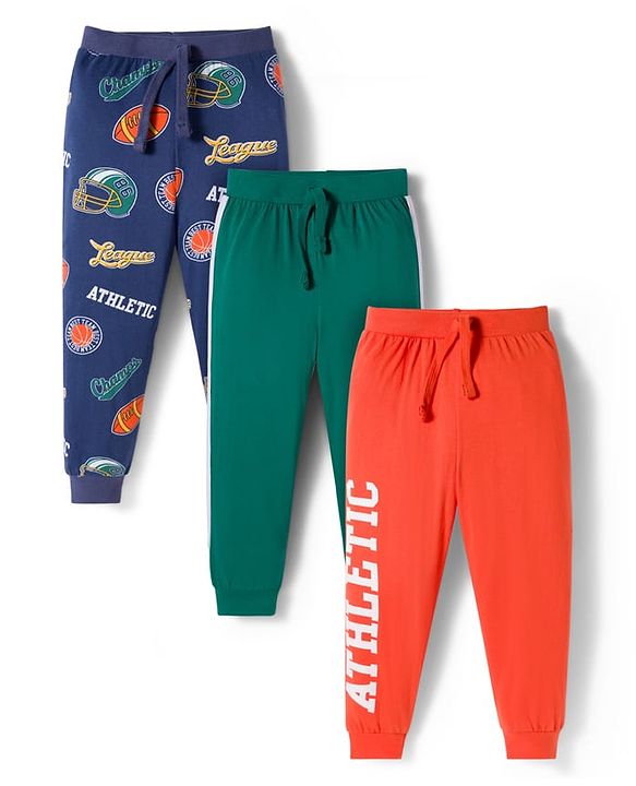 Babyhug Cotton Knit Full Length Lounge Pants with Sport Theme Tape Detailing & Athletic Text Print Pack of 3 - Navy Blue Orange & Dark Green