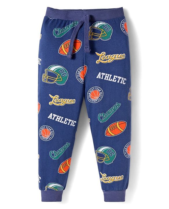 Babyhug Cotton Knit Full Length Lounge Pants with Sport Theme Tape Detailing & Athletic Text Print Pack of 3 - Navy Blue Orange & Dark Green