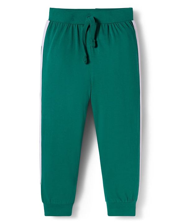 Babyhug Cotton Knit Full Length Lounge Pants with Sport Theme Tape Detailing & Athletic Text Print Pack of 3 - Navy Blue Orange & Dark Green