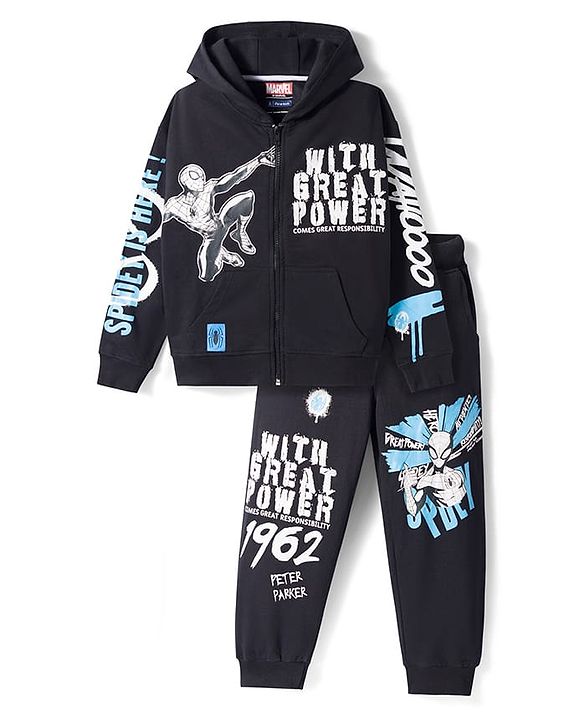 Pine Kids Marvel Terry Knit Full Sleeves Hooded Sweatshirt with Trackpants Set with Spider-Man Graphic - Black