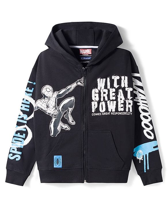 Pine Kids Marvel Terry Knit Full Sleeves Hooded Sweatshirt with Trackpants Set with Spider-Man Graphic - Black