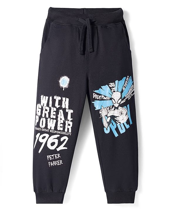 Pine Kids Marvel Terry Knit Full Sleeves Hooded Sweatshirt with Trackpants Set with Spider-Man Graphic - Black