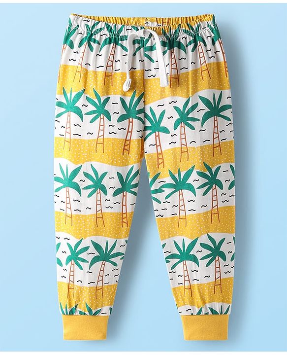 Babyhug Cotton Knit Full Length Lounge Pant With Tropical Theme Print - Yellow