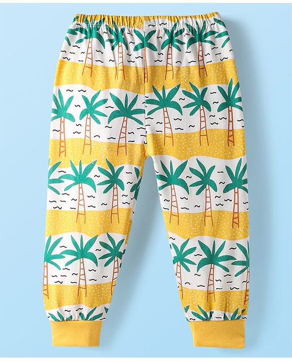 Babyhug Cotton Knit Full Length Lounge Pant With Tropical Theme Print - Yellow