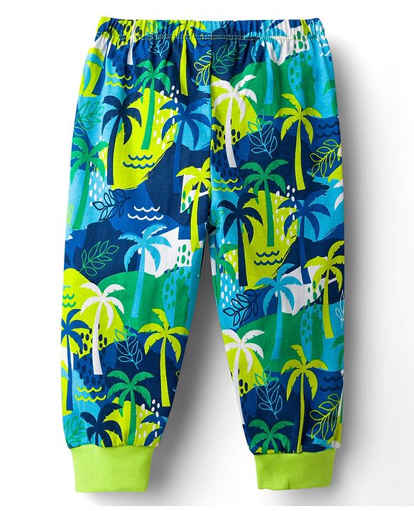 Babyhug Cotton Knit Full Length Lounge Pant with Tropical Theme - Green