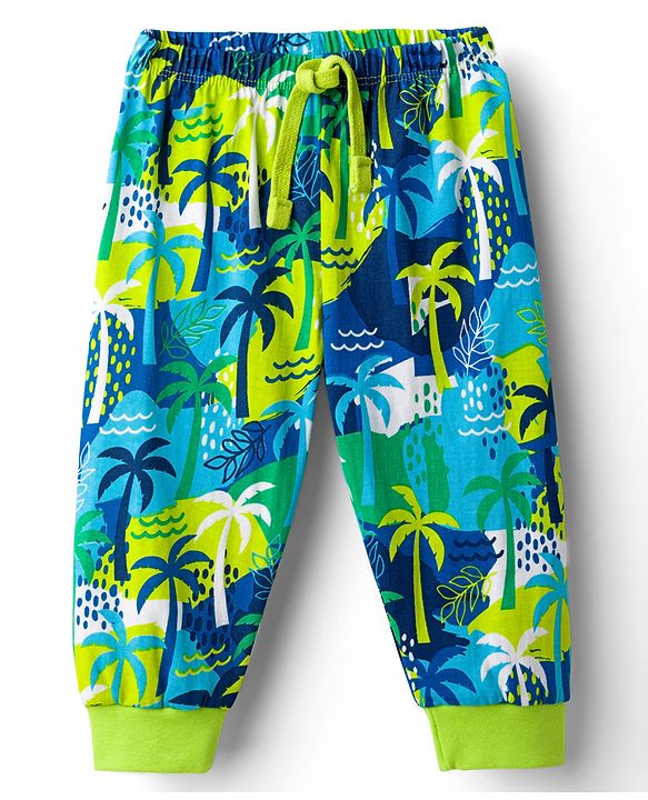 Babyhug Cotton Knit Full Length Lounge Pant with Tropical Theme - Green