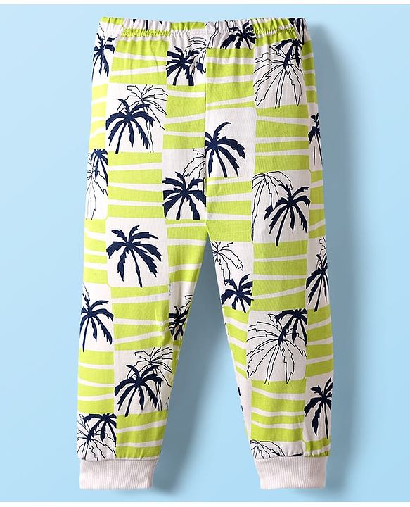 Babyhug Cotton Knit Full Length Lounge Pant With Tropical Theme Print - Light Green