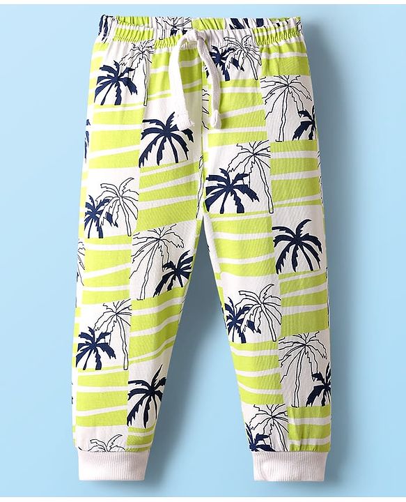 Babyhug Cotton Knit Full Length Lounge Pant With Tropical Theme Print - Light Green