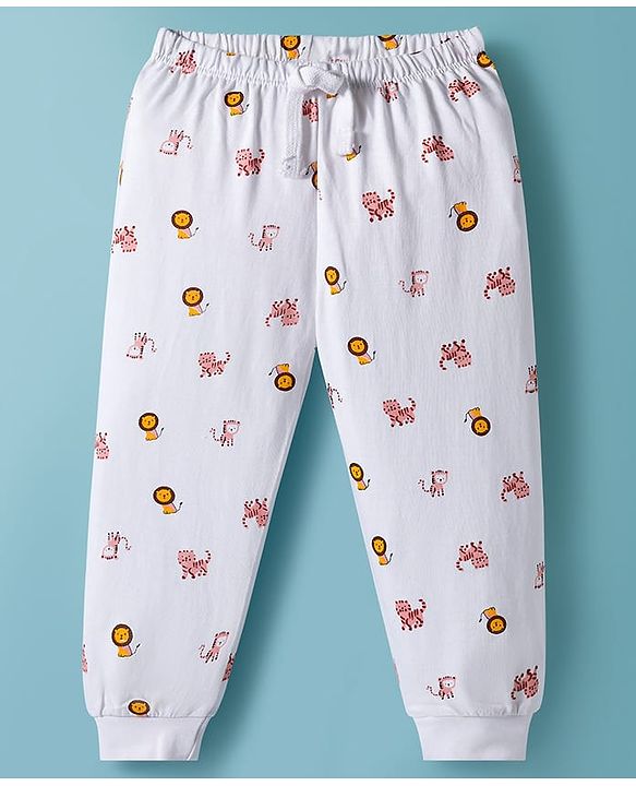 Babyhug Cotton Knit Full Length Lounge Pant with Animal Print - White