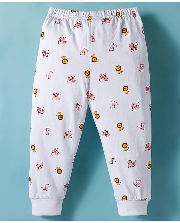 Babyhug Cotton Knit Full Length Lounge Pant with Animal Print - White