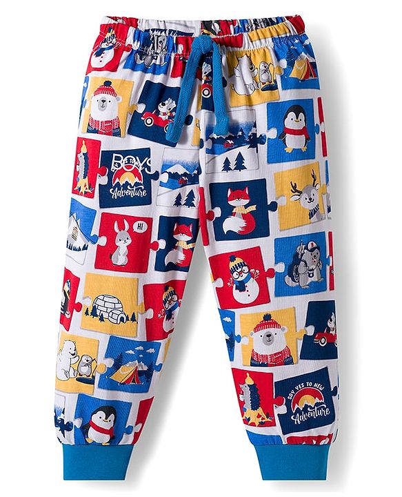 Babyhug Cotton Knit Full Length Lounge Pant with Animal Print - White & Blue