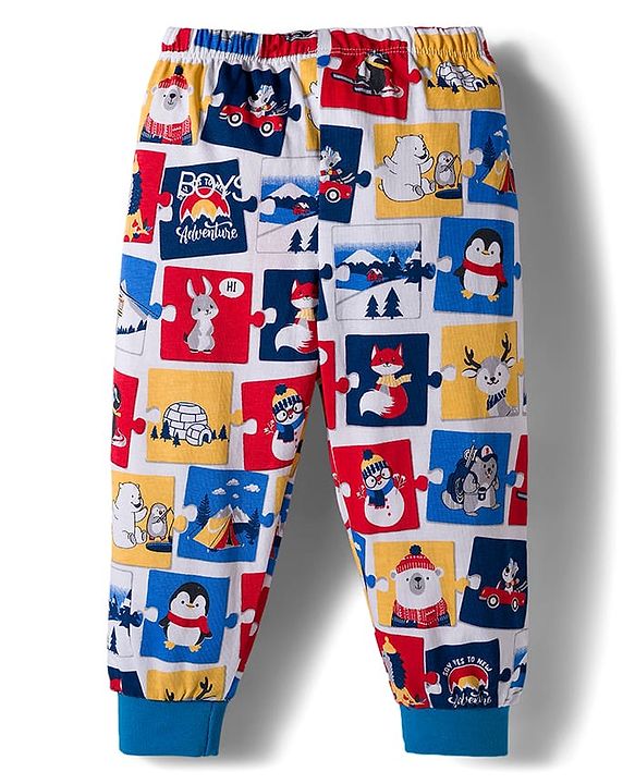 Babyhug Cotton Knit Full Length Lounge Pant with Animal Print - White & Blue