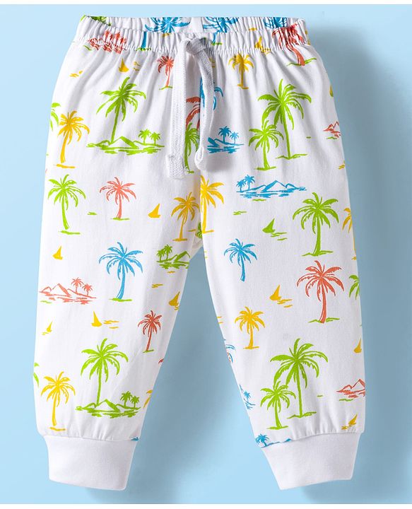 Babyhug Cotton Knit Full Length Lounge Pant with Beach Theme Print - White