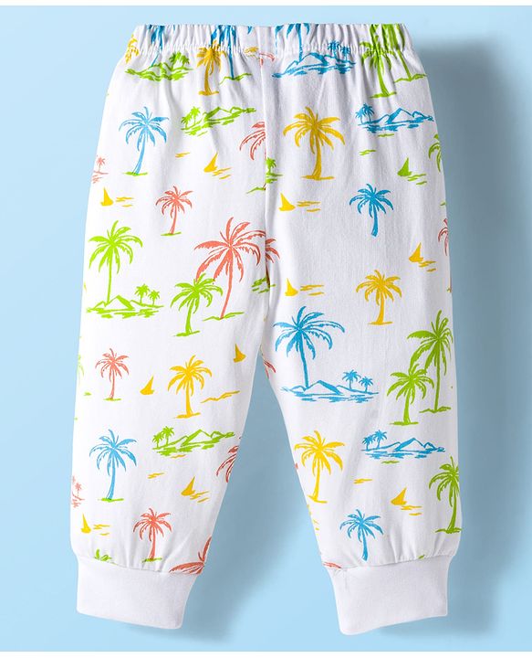 Babyhug Cotton Knit Full Length Lounge Pant with Beach Theme Print - White