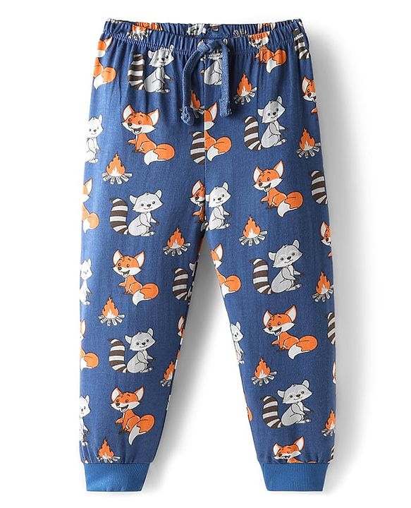 Babyhug Cotton Knit Full Length Lounge Pant With Animal Print - Navy Blue