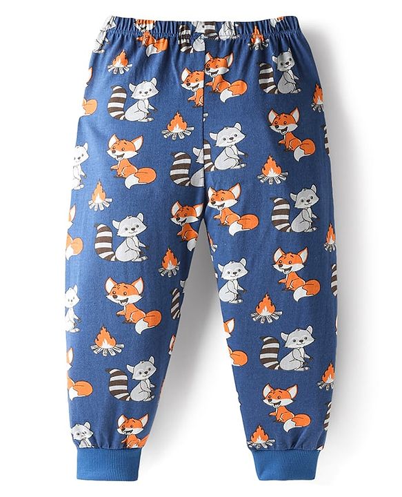 Babyhug Cotton Knit Full Length Lounge Pant With Animal Print - Navy Blue