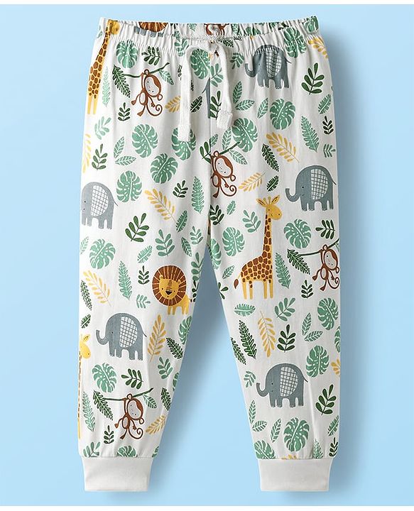 Babyhug Cotton Knit Full Length Lounge Pant With Animal Print - White