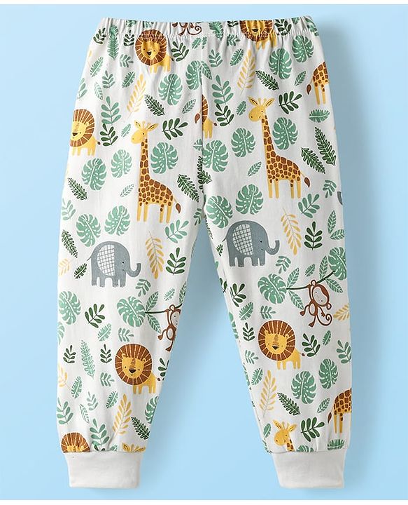 Babyhug Cotton Knit Full Length Lounge Pant With Animal Print - White