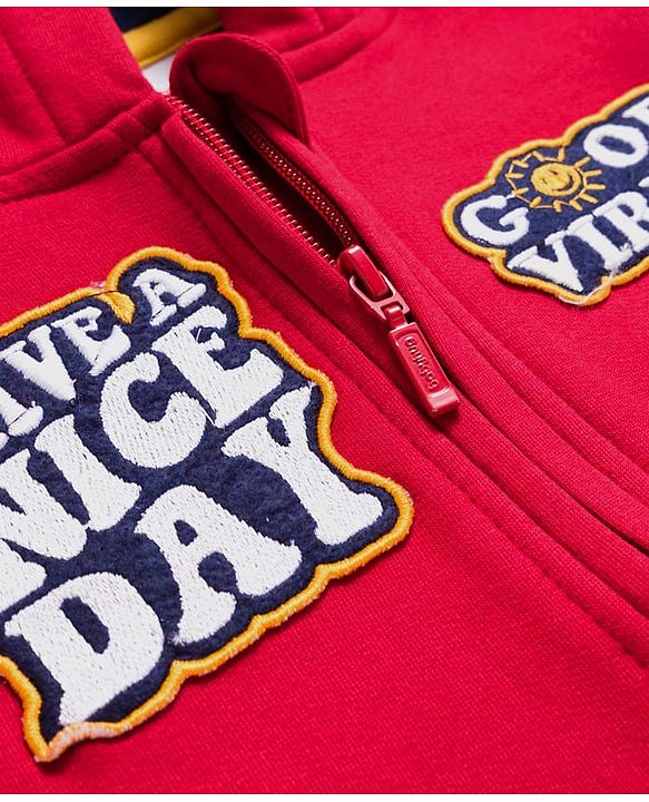Babyhug Fleece Knit Full Sleeves Hooded Sweatjacket With Patch Detailing & Kangaroo Pockets - Red