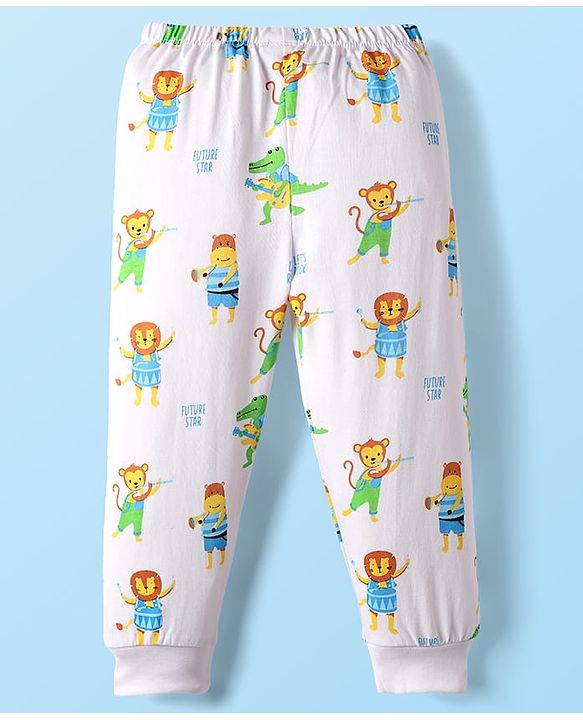 Babyhug Cotton Knit Full Length Lounge Pant with Animals Print - White