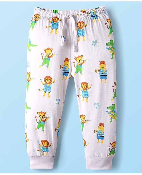 Babyhug Cotton Knit Full Length Lounge Pant with Animals Print - White
