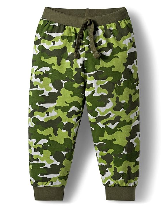 Babyhug Cotton Knit Full Length Lounge Pants With Camouflage & Text Print Pack of 5 - Olive Green White & Yellow