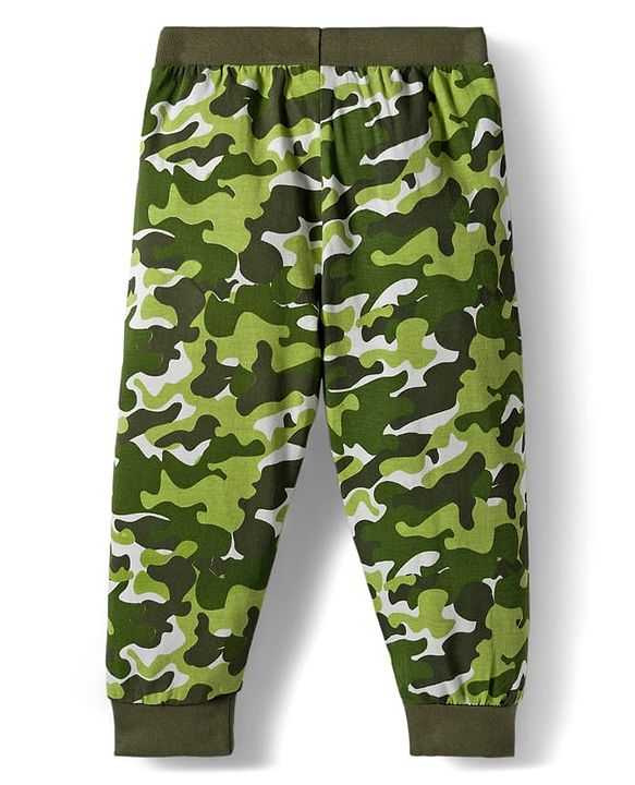 Babyhug Cotton Knit Full Length Lounge Pants With Camouflage & Text Print Pack of 5 - Olive Green White & Yellow
