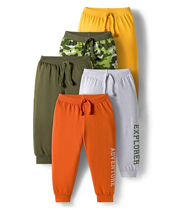 Babyhug Cotton Knit Full Length Lounge Pants With Camouflage & Text Print Pack of 5 - Olive Green White & Yellow