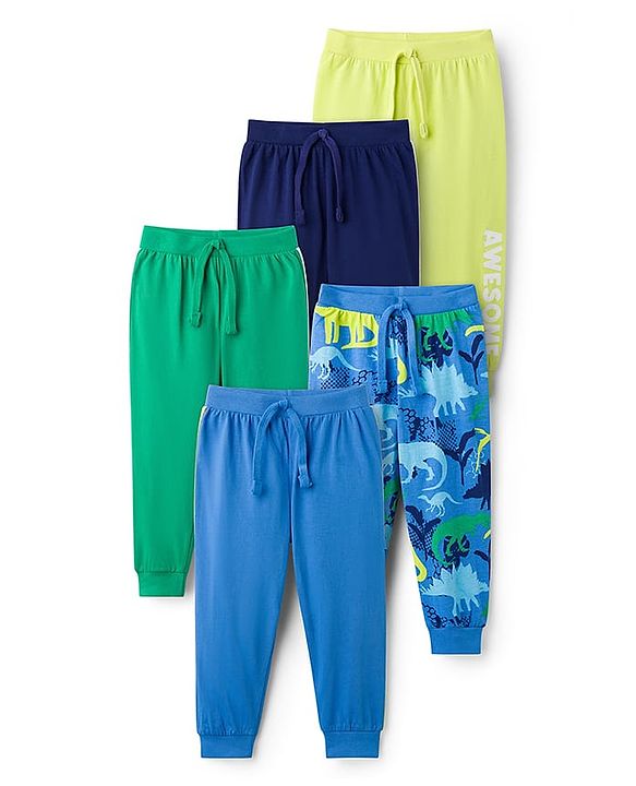 Babyhug Cotton Knit Full Length Joggers with Dino Print Pack of 5 - Blue Navy Blue & Green