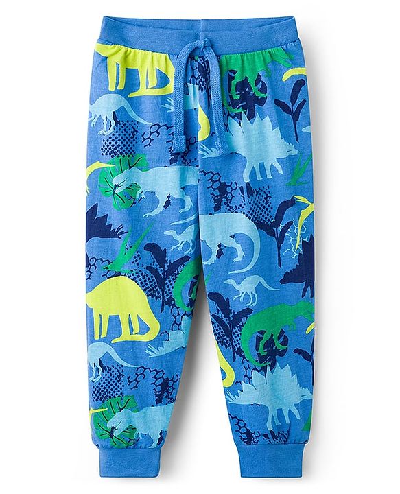 Babyhug Cotton Knit Full Length Joggers with Dino Print Pack of 5 - Blue Navy Blue & Green