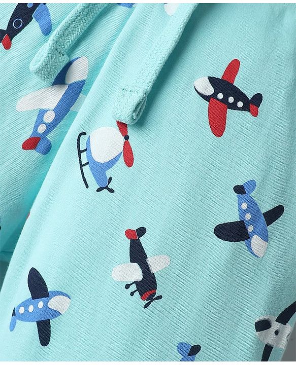 Babyhug Cotton Knit Full Length Lounge Pant With Airplane Print - Light Blue