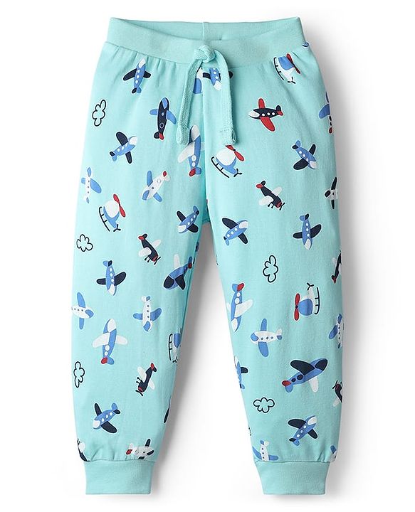 Babyhug Cotton Knit Full Length Lounge Pant With Airplane Print - Light Blue