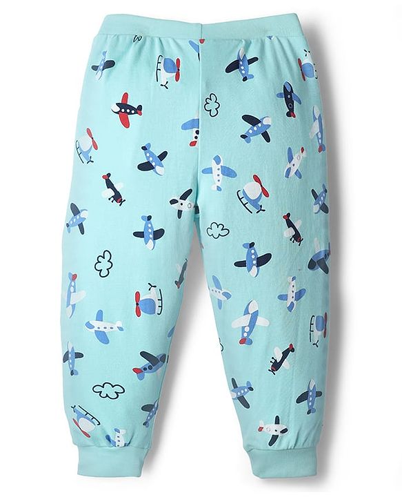 Babyhug Cotton Knit Full Length Lounge Pant With Airplane Print - Light Blue
