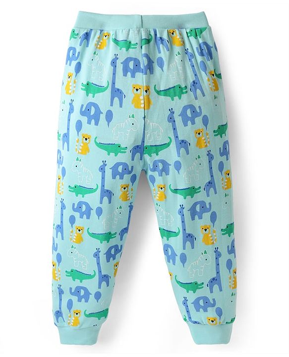 Babyhug Cotton Knit Full Length Lounge Pant With Dino Print - Light Blue