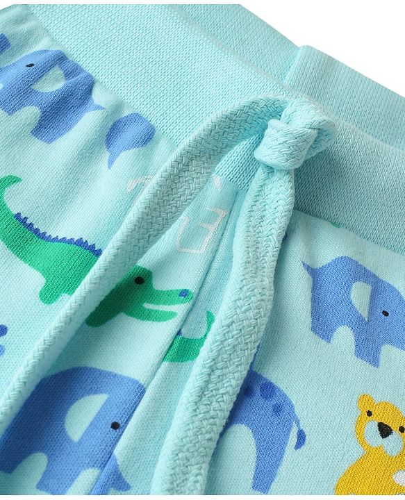 Babyhug Cotton Knit Full Length Lounge Pant With Dino Print - Light Blue