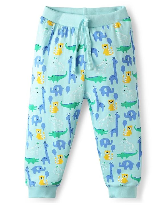 Babyhug Cotton Knit Full Length Lounge Pant With Dino Print - Light Blue