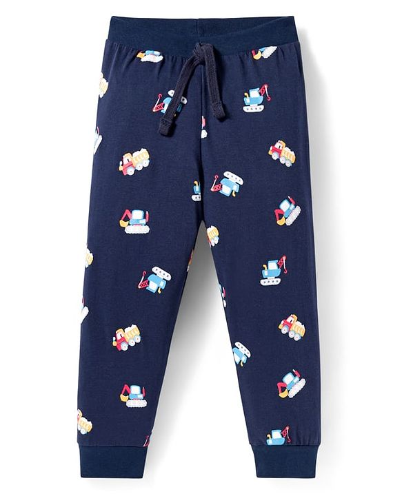 Babyhug Cotton Knit  Full Length Lounge Pant With Vehicle Print - Navy Blue