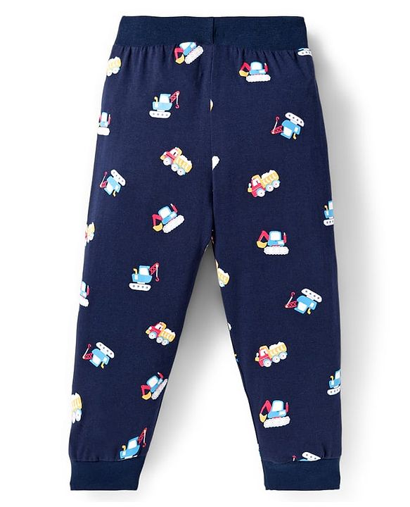 Babyhug Cotton Knit  Full Length Lounge Pant With Vehicle Print - Navy Blue