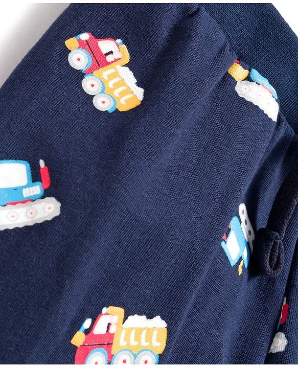 Babyhug Cotton Knit  Full Length Lounge Pant With Vehicle Print - Navy Blue