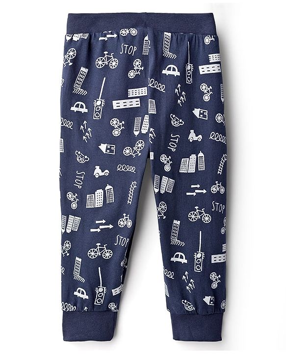 Babyhug Cotton Knit Full Length Joggers With Vehicle Print - Navy Blue