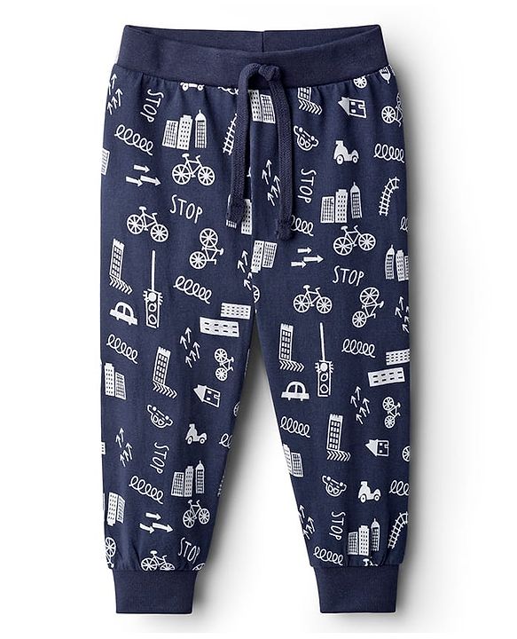 Babyhug Cotton Knit Full Length Joggers With Vehicle Print - Navy Blue