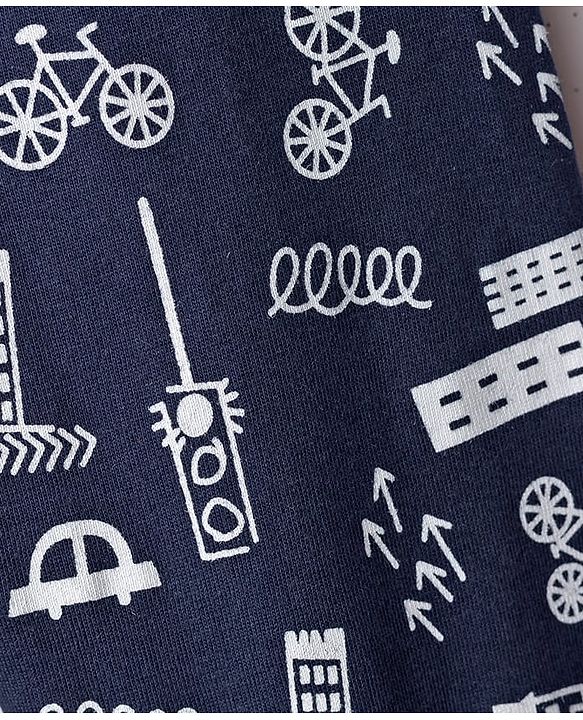 Babyhug Cotton Knit Full Length Joggers With Vehicle Print - Navy Blue
