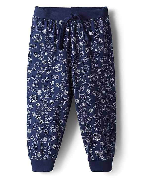 Babyhug Cotton Knit Full Length Lounge Pants with Animal Print - Navy Blue