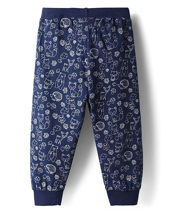Babyhug Cotton Knit Full Length Lounge Pants with Animal Print - Navy Blue